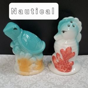 Nautical Sea Turtle Seahorse S&P Shakers Porcelain Lake Coral Kitchen Cottage